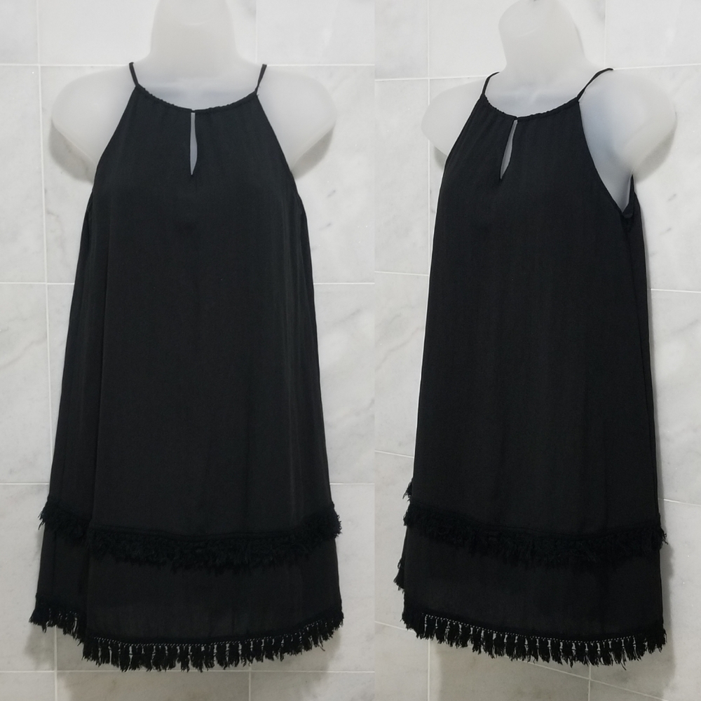 Mod Ref Black Sleeveless Fringe Dress Halter Medium
